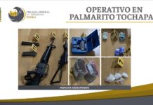 Durante cateo en Palmarito Tochapan, la Fiscalía aseguró indicios que incluyen armas, drogas y equipo de circuito cerrado.