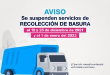 Limpia suspenderá servicio de recolección de basura 12 y 25 de diciembre y 1 de enero.