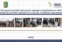 Recupera la FGE mercancía robada consistente en 200 baterías de litio valuada en más de 4 millones de pesos