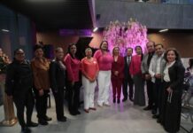 Congreso ilumina árbol de color rosa como símbolo de esperanza y prevención contra el cáncer de mama.